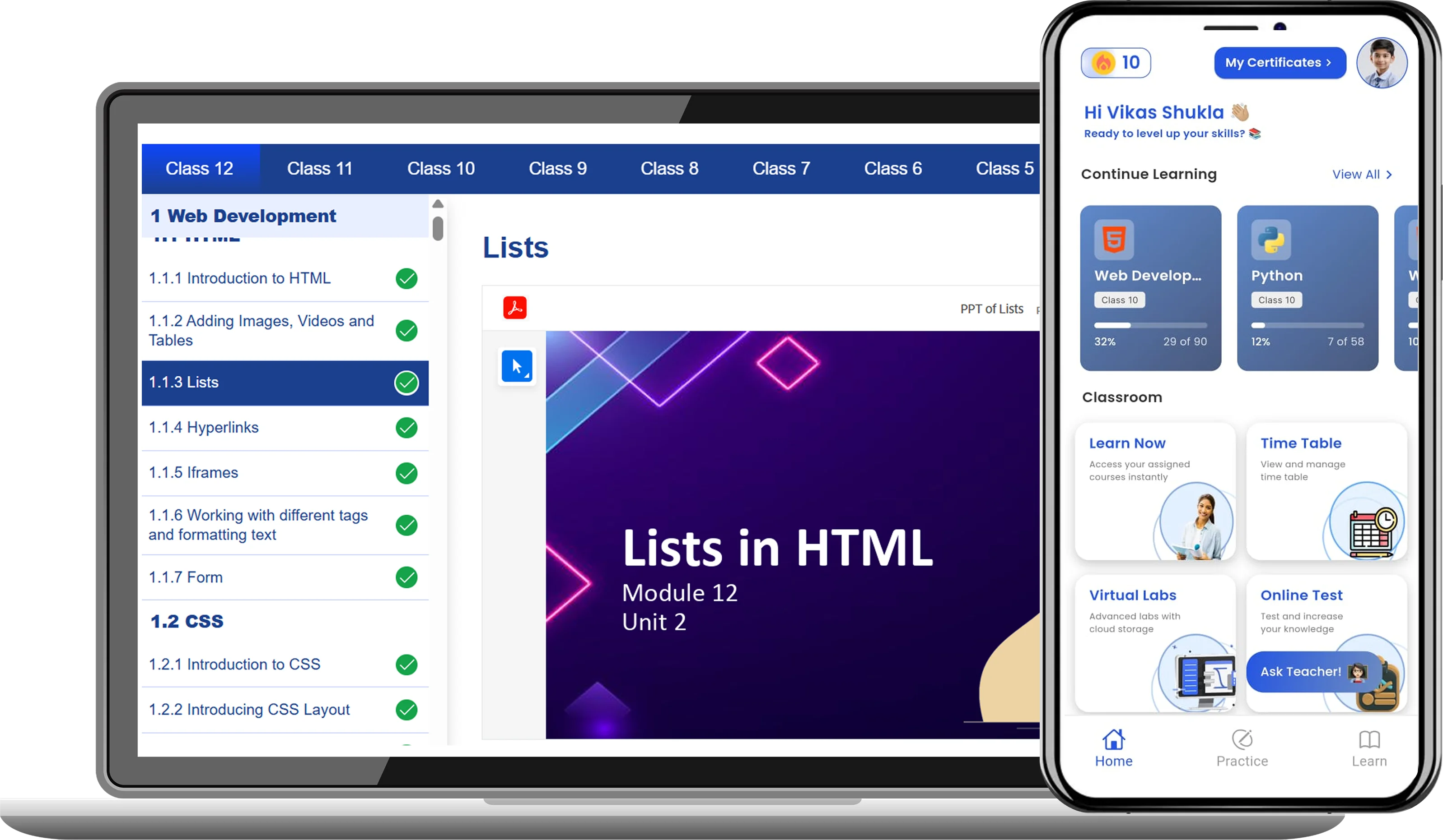 Learning platform displayed on laptop and mobile phone